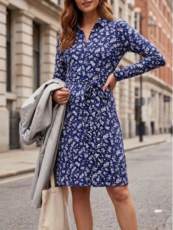 LuLaRoe Dresses & Skirts - Lularoe Blue White Floral Stretch Button Front Long Sleeve Shirt Dress Size XS